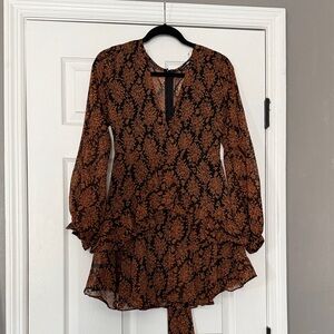 Fashion Nova Black and Rust Floral Long-Sleeve Tiered Mini Dress